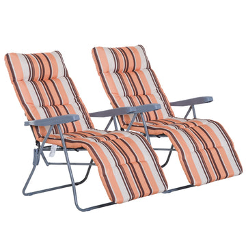 Reclining Garden Chair Set of 2, 5-Level Adjustable Zero Gravity Chairs with Cushions, Folding Sun Lounger Garden Recliner Chairs with Armrests for Outdoor, Patio, Orange Stripe