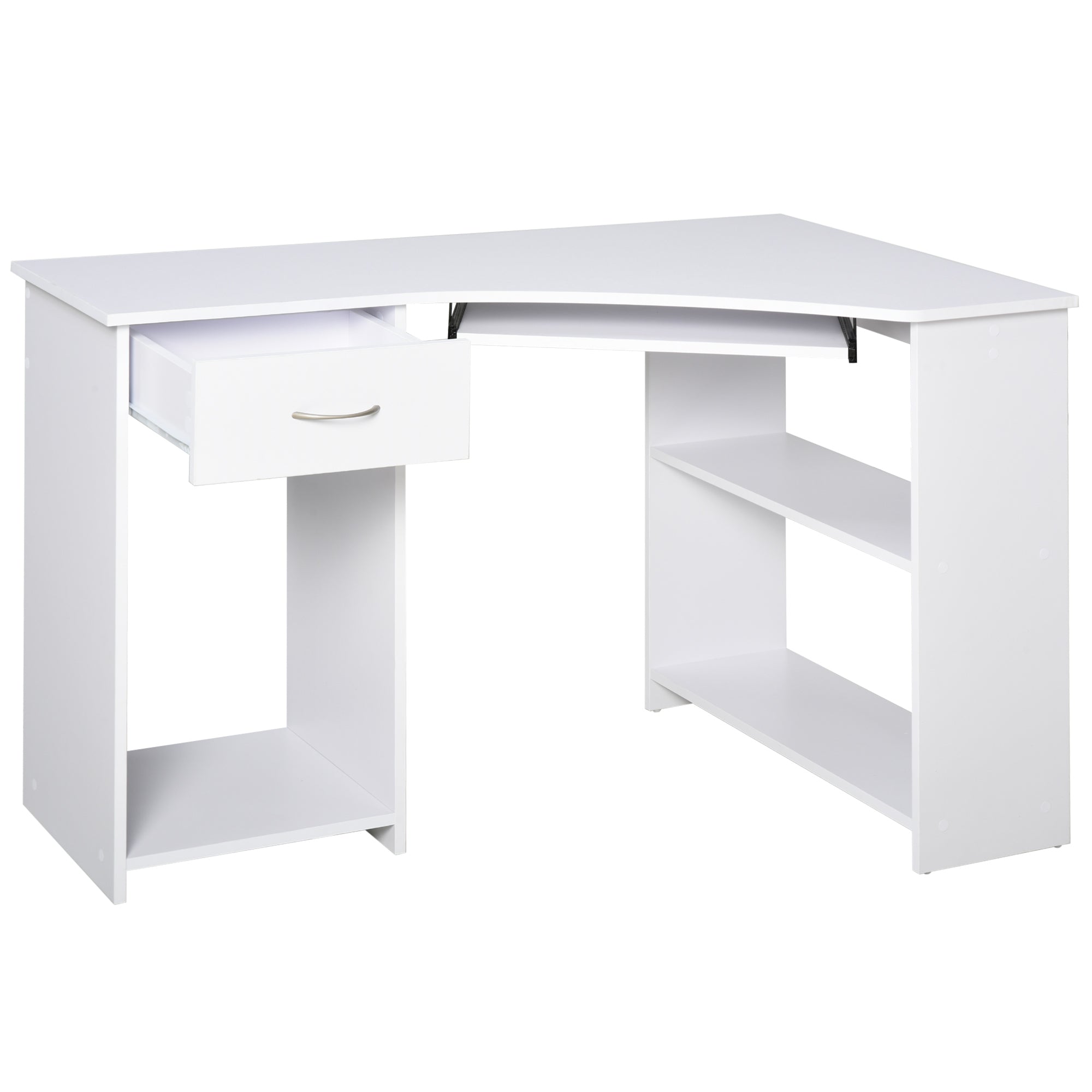 L-Shaped Corner Computer Desk w/ 2 Shelves Wide Worktop Keyboard Tray Drawer & CPU Stand Home Office Study Bedroom Furniture White