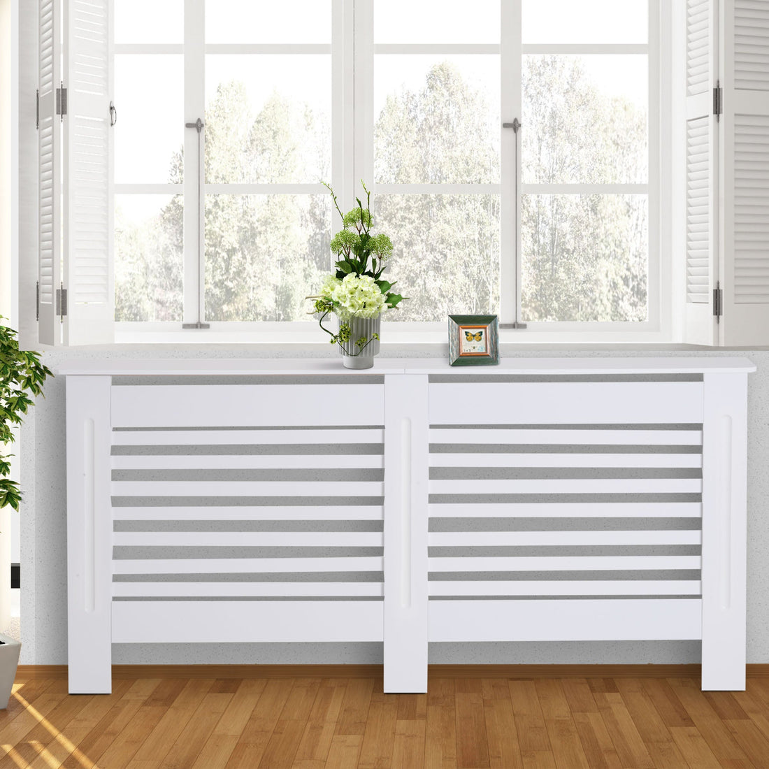 Radiator Cover, Modern MDF White Painted Cabinet with Horizontal Slats for Living Room, Bedroom, 172L x 19W x 81H cm