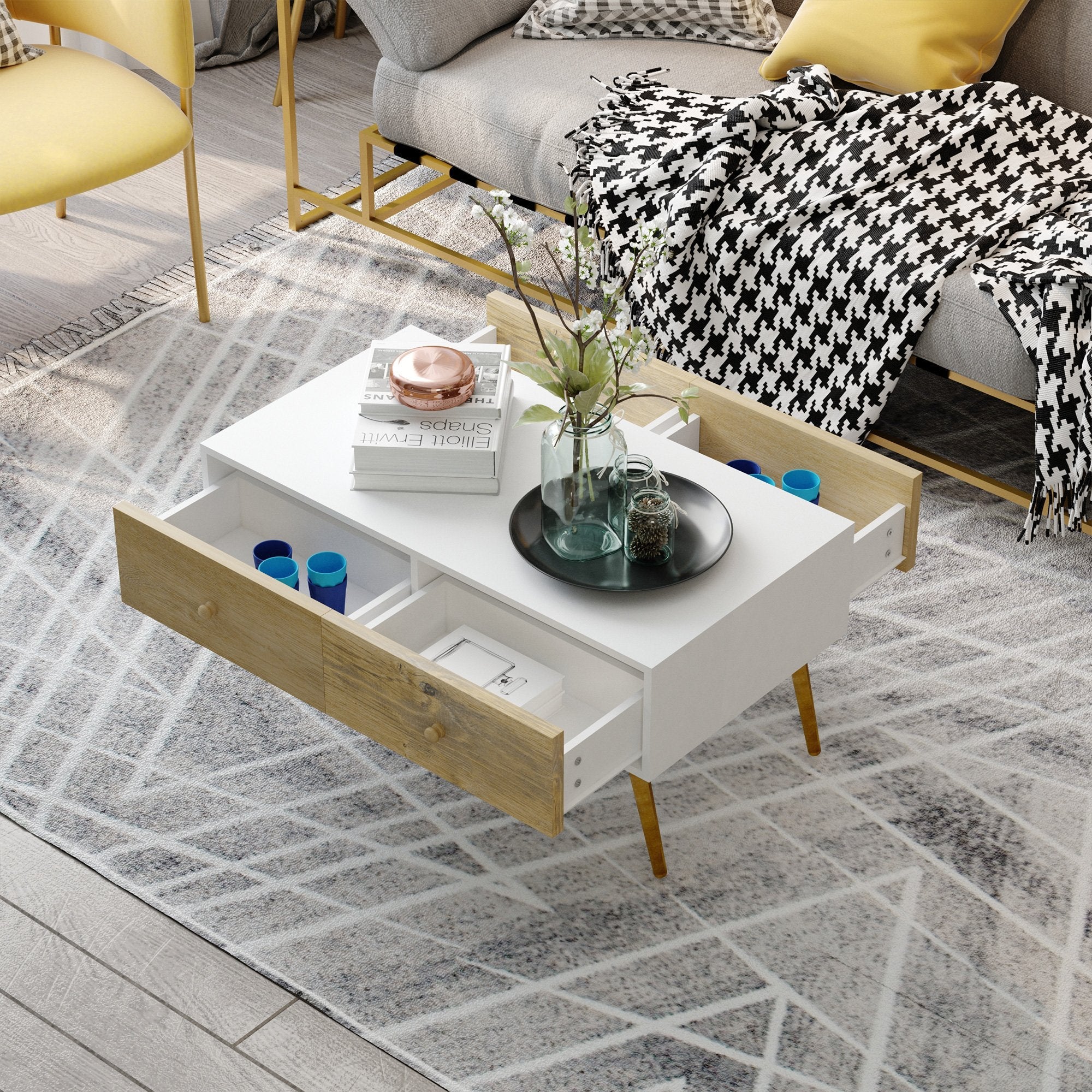 Coffee Table for Living Room, Office, Study Room, Reception Room, w/ 4 Storage Drawers, Sofa Table, Graceful Functional Table, Natural Wood