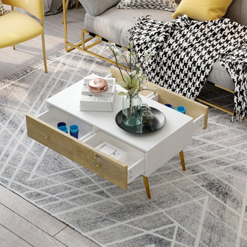 Coffee Table for Living Room, Office, Study Room, Reception Room, w/ 4 Storage Drawers, Sofa Table, Graceful Functional Table, Natural Wood
