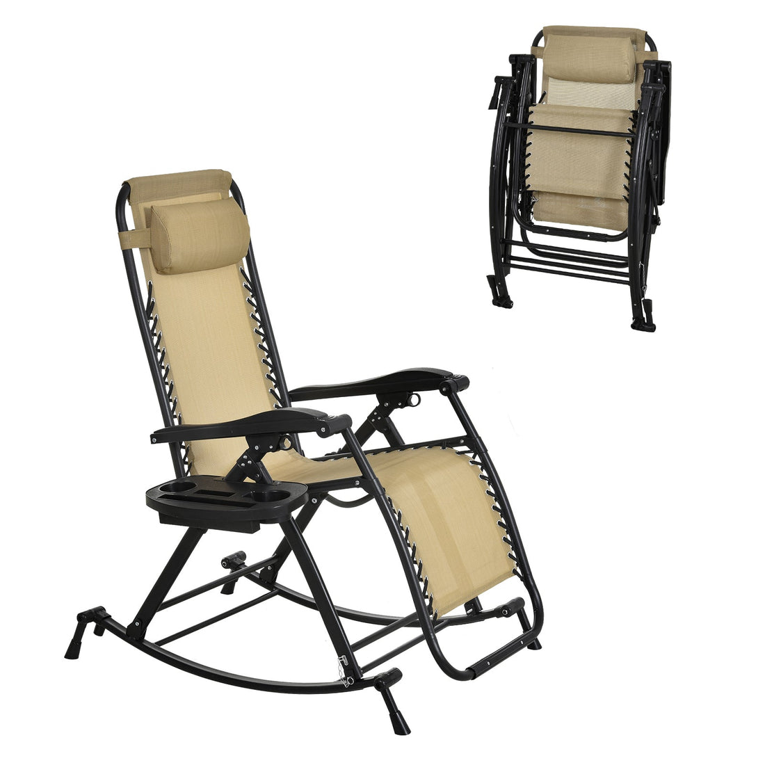 Garden Rocking Chair Folding Recliner Outdoor Adjustable Sun Lounger Rocker Zero-Gravity Seat with Headrest Side Holder Patio Deck - Beige