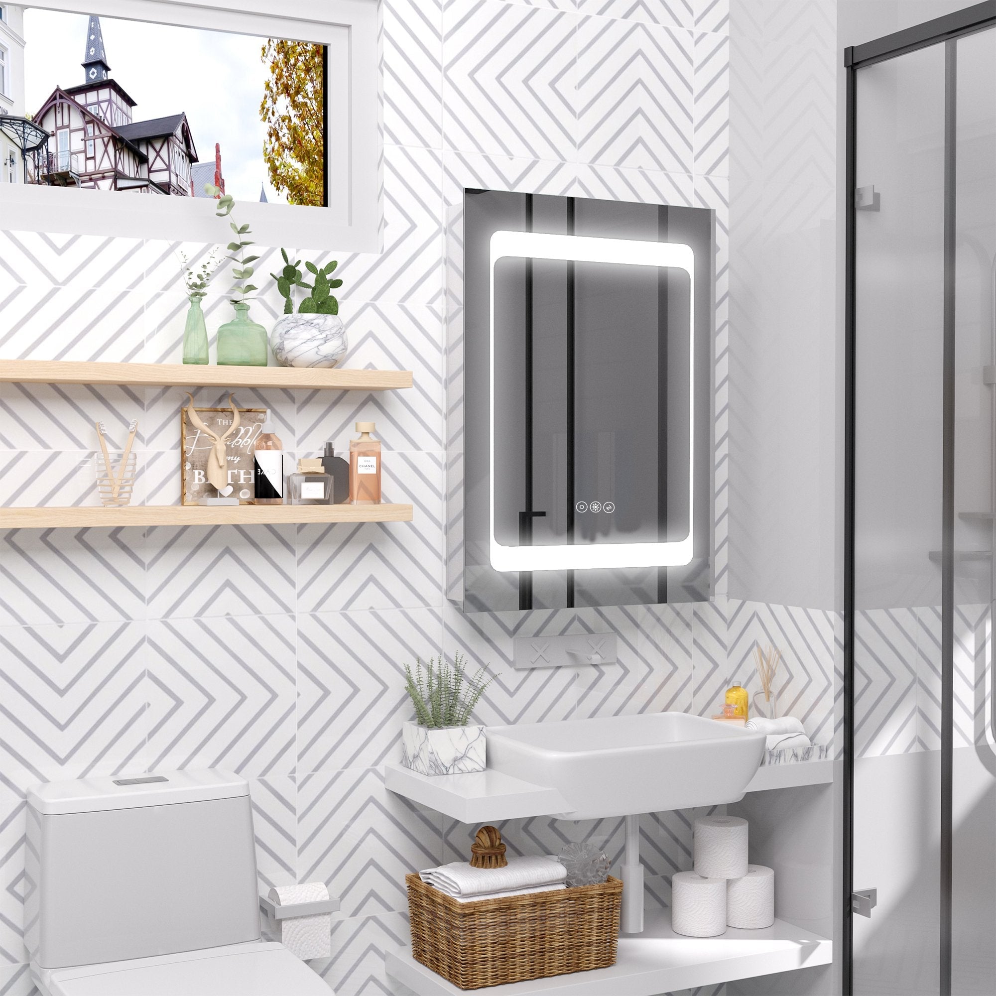LED Illuminated Bathroom Mirror Cabinet with LED Lights, Wall-mounted Storage Organizer with Shelves, Touch Switch For Makeup Cosmetic