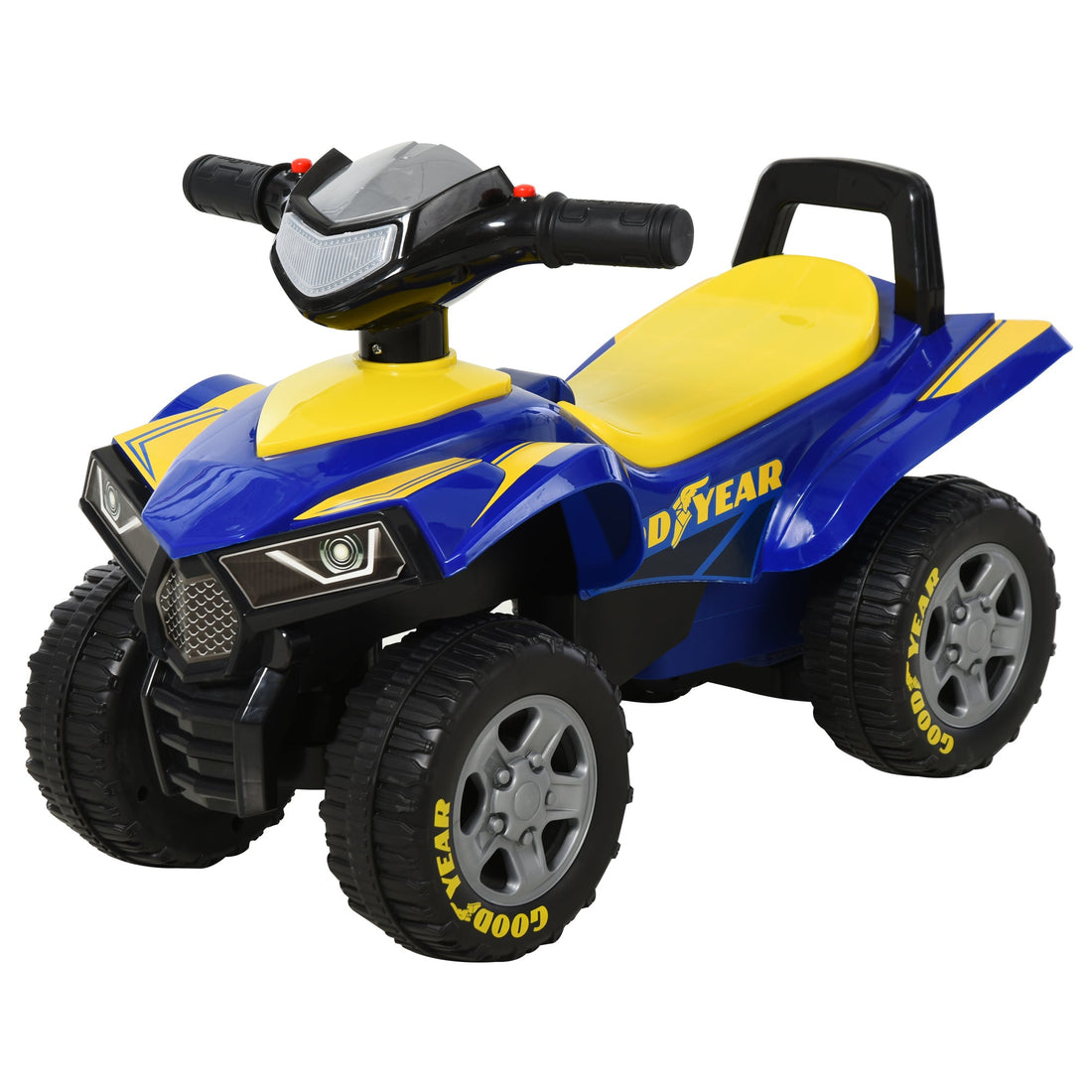 Baby Quad Bike Kids Ride On Car Goodyear Licensed Walker Foot To Floor Slider NO POWER w/ Lights Horn Storage Blue for 18-36 Months