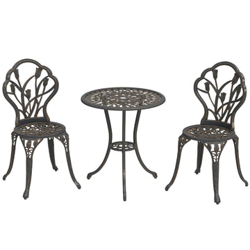 3 Piece Patio Bistro Set for 2, Outdoor Aluminium Garden Table and Chairs with Umbrella Hole for Balcony, Bronze Tone