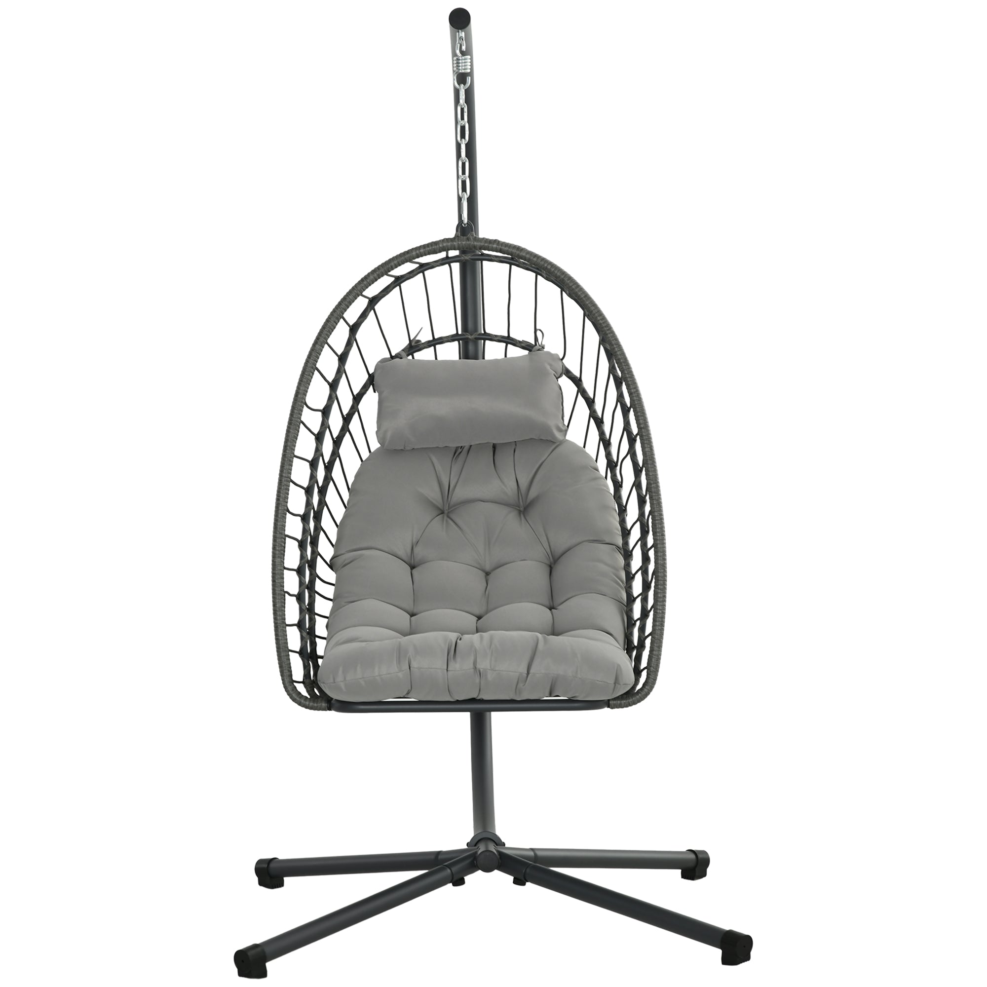 Outdoor PE Rattan Swing Chair with Foldable Basket and Cushion, Garden Patio Hanging Egg Chair with Metal Stand, Headrest for Indoor and Outdoor, Light Grey