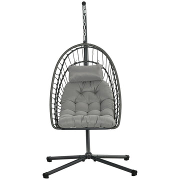 Outdoor PE Rattan Swing Chair with Foldable Basket and Cushion, Garden Patio Hanging Egg Chair with Metal Stand, Headrest for Indoor and Outdoor, Light Grey