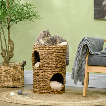47cm Cat Barrel Tree for Indoor Cats with 2 Condos, Kitten Tower with Cushion - Light Brown