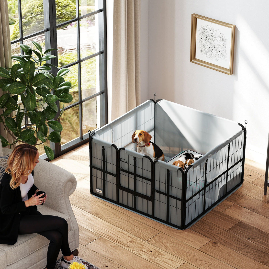 Steel Dog Whelping Box with Washable Whelping Pad, Wind-Resistant Cloth, for Small, Medium Dogs, 102 x 102 x 60cm