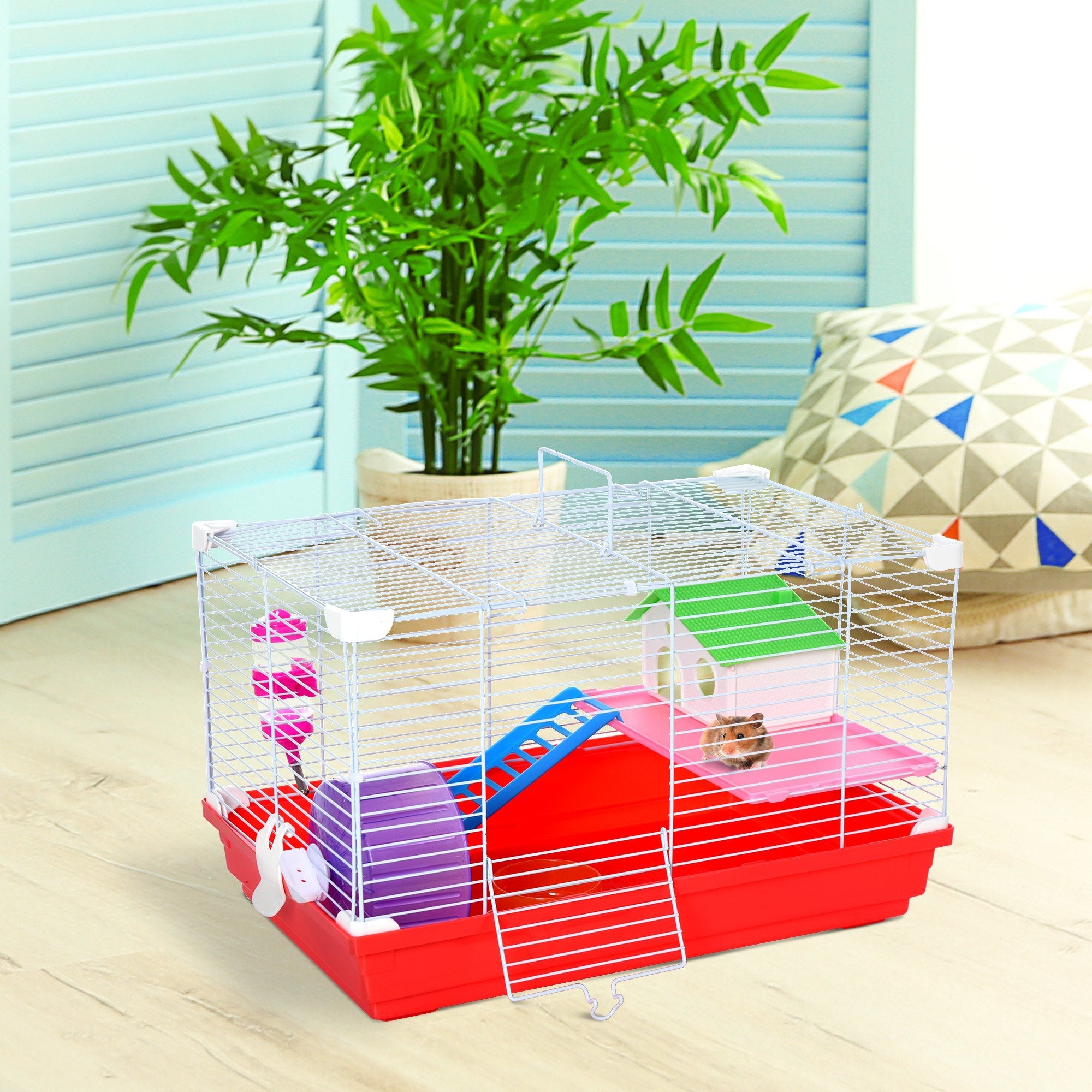 Hamster Cage, Small Gerbil Cage 2 Tiers Portable w/ Handle, Exercise Wheel, Water Bottle, Dishes