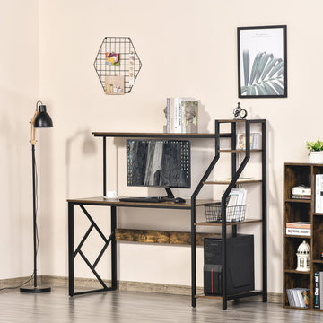Computer Desk with Bookshelf, Industrial Writing Table with 6 Tier Storage Shelves for Home Office, Bedroom, Study, 150 x 55 x 138cm, Rustic Brown