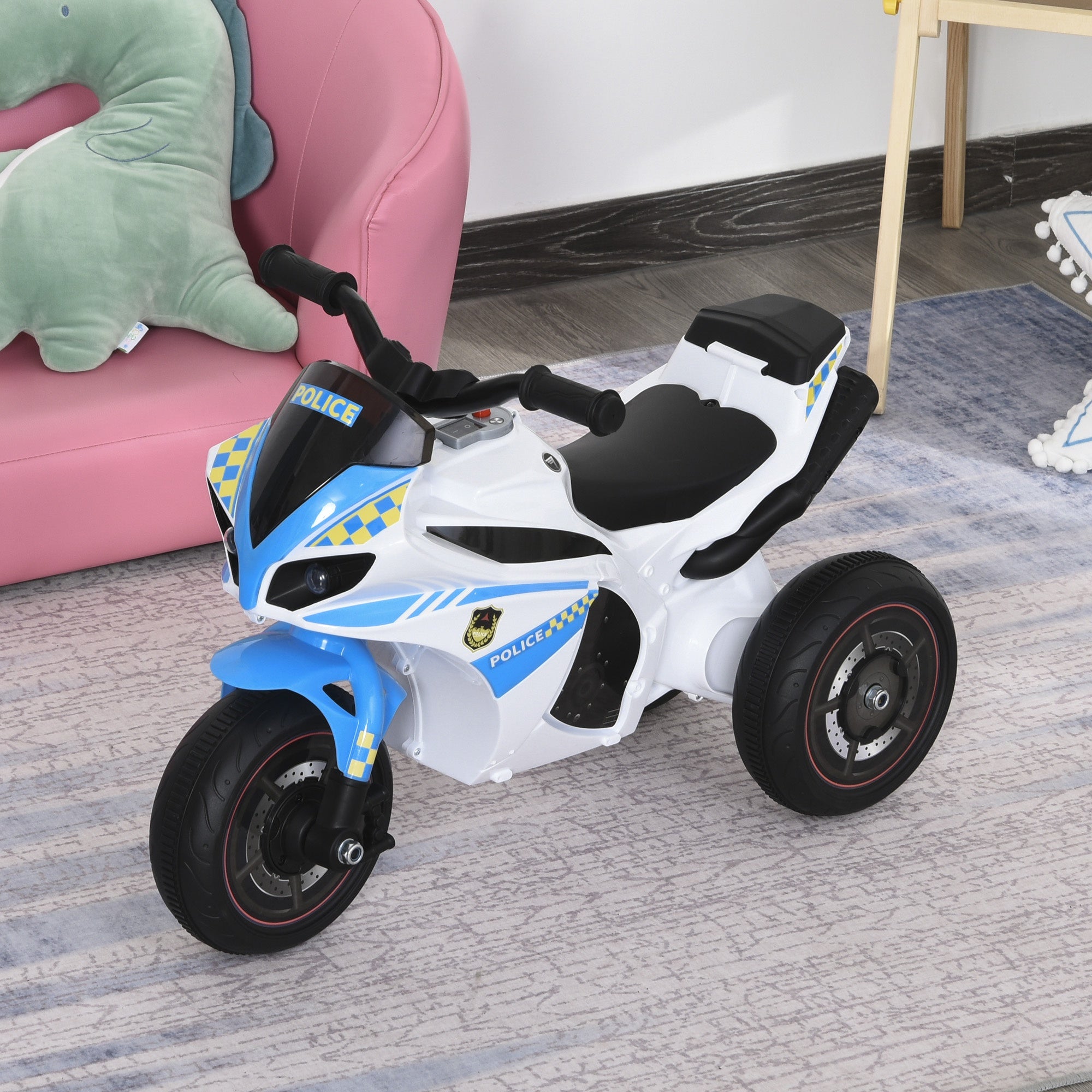 Kids Ride-On Police Bike 3-Wheel Vehicle w/ Music Lights Safe Seat Handlebars Toddler NO POWER Child Learning Fun Development 18-36 Months Blue