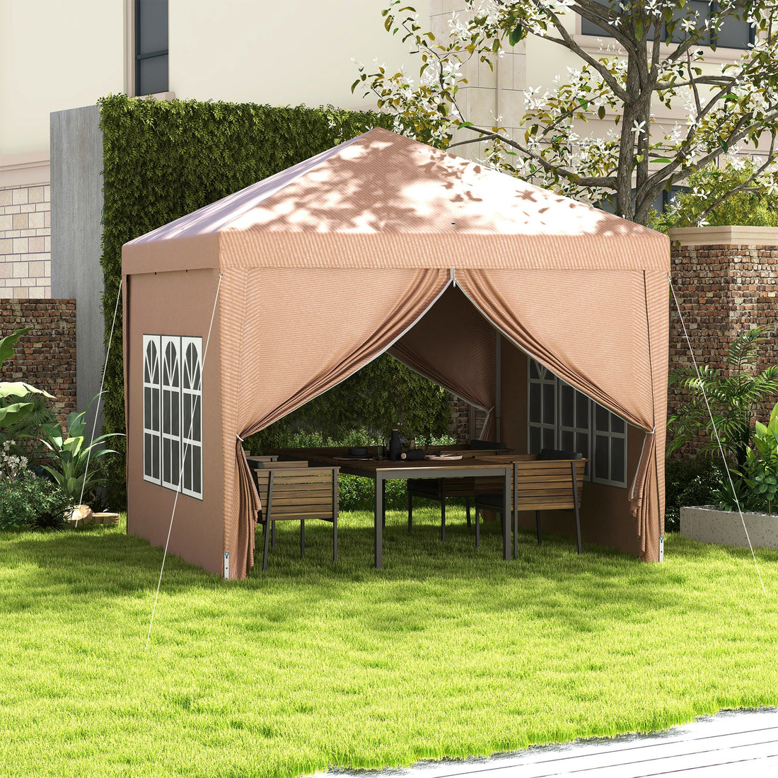 3 x 3 m Pop Up Gazebo, Wedding Party Canopy Tent Marquee with Carry Bag and Windows, Coffee