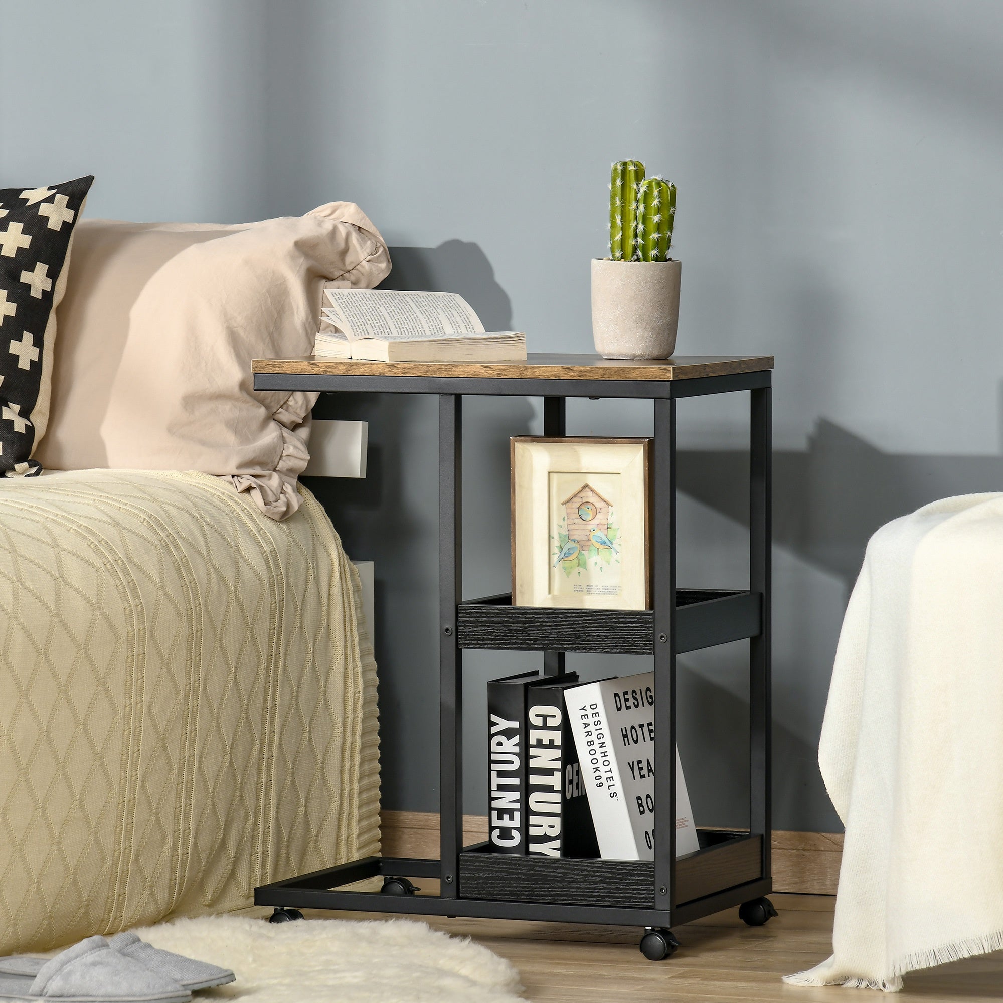 Industrial Mobile Sofa Side Table C-Shaped Rolling Couch Table with 3-Tier Storage Shelving Four Lockable Wheels Steel Frame - Brown