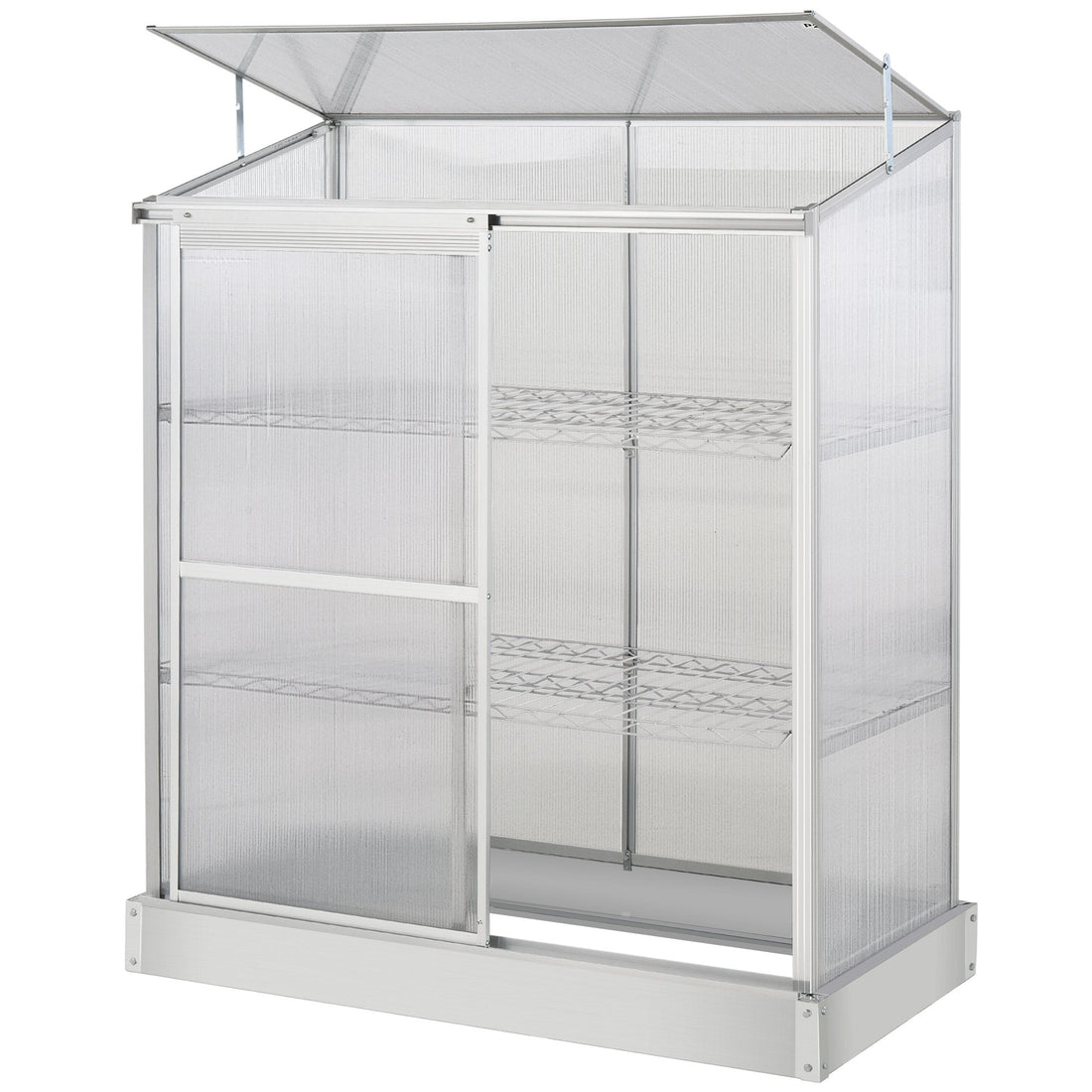 3 Tier Greenhouse Garden Outdoor Cold Frame Plant Flower Growth Transparent Polycarbonate Board Openable Roof Sliding Door w/ Foundation 131L x 58W x 140H cm