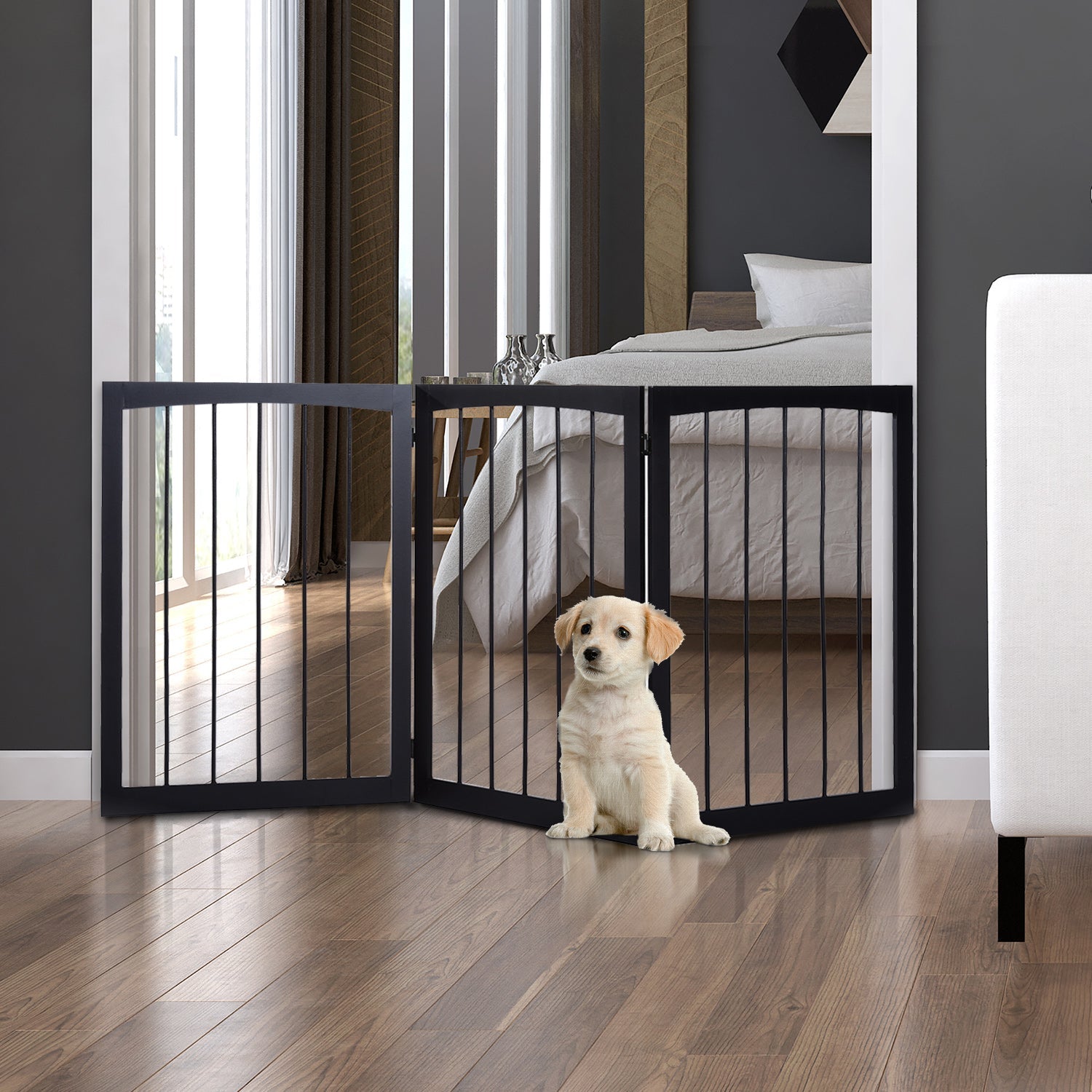 3 Panel Stair Gate Foldable Dog Door Gate Indoor Free Standing Safety Gate Pet Barrier 76cm Height