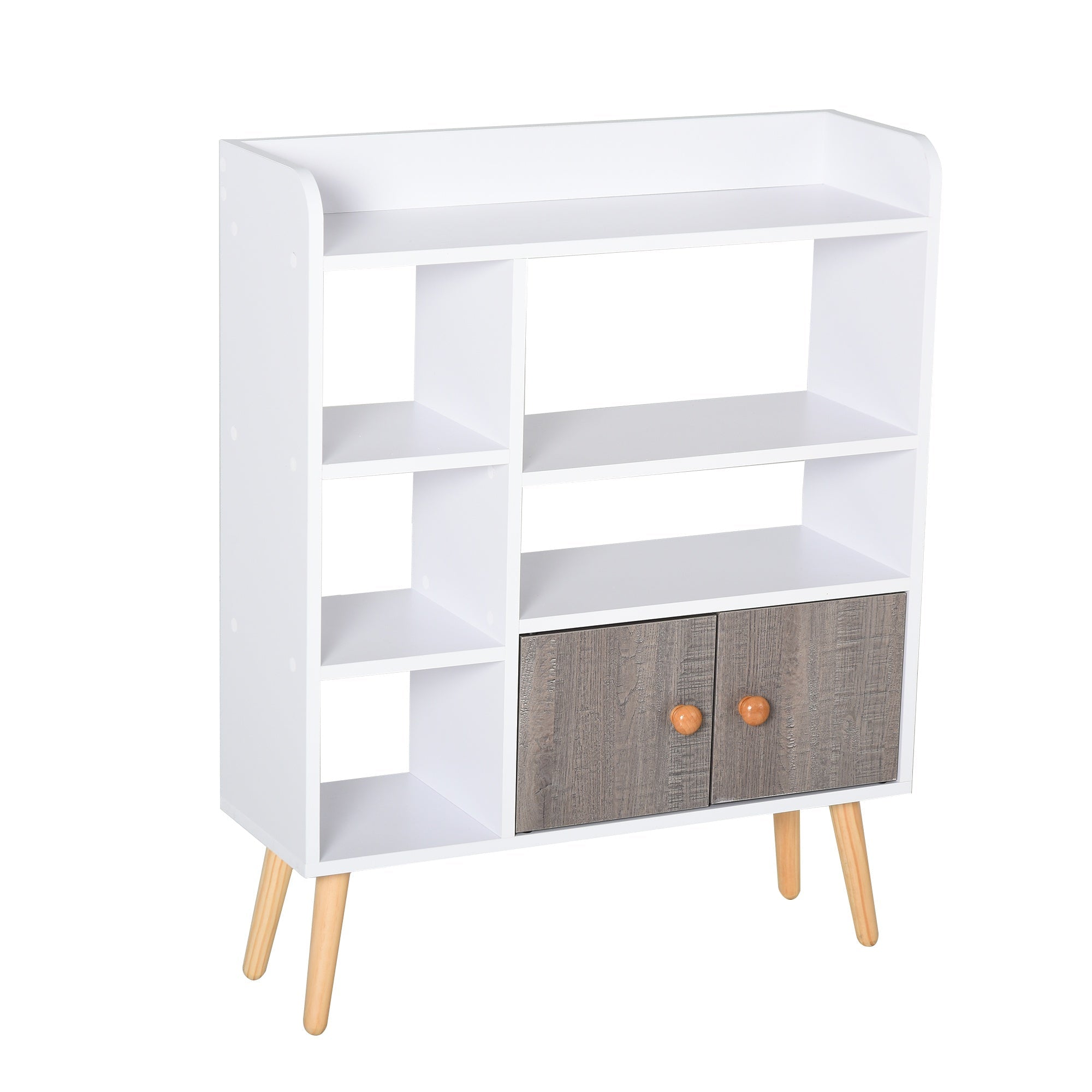Bookcase, Freestanding Book Shelf with Storage Cabinet, 6 Shelves and Wood Legs for Home Office Display, White and Grey, 24D x 71.8W x 90.8H cm