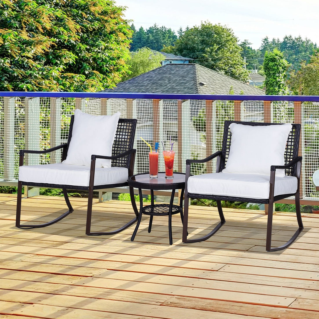 Rattan Bistro Set, 3 Pieces Wicker Garden Furniture Set with Rocking Chairs and Round Glass Top Coffee Table, Small Balcony Furniture with Cushions for Outdoor, Porch, Brown
