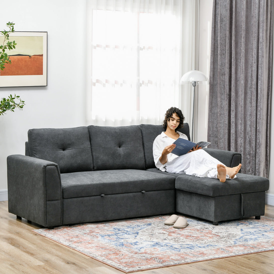 3 Seater Sofa Bed, L Shaped Pull Out Sofa Bed with Storage, Convertible Click Clack Settee Sectional Sleeper Futon for Living Room, Office, Dark Grey