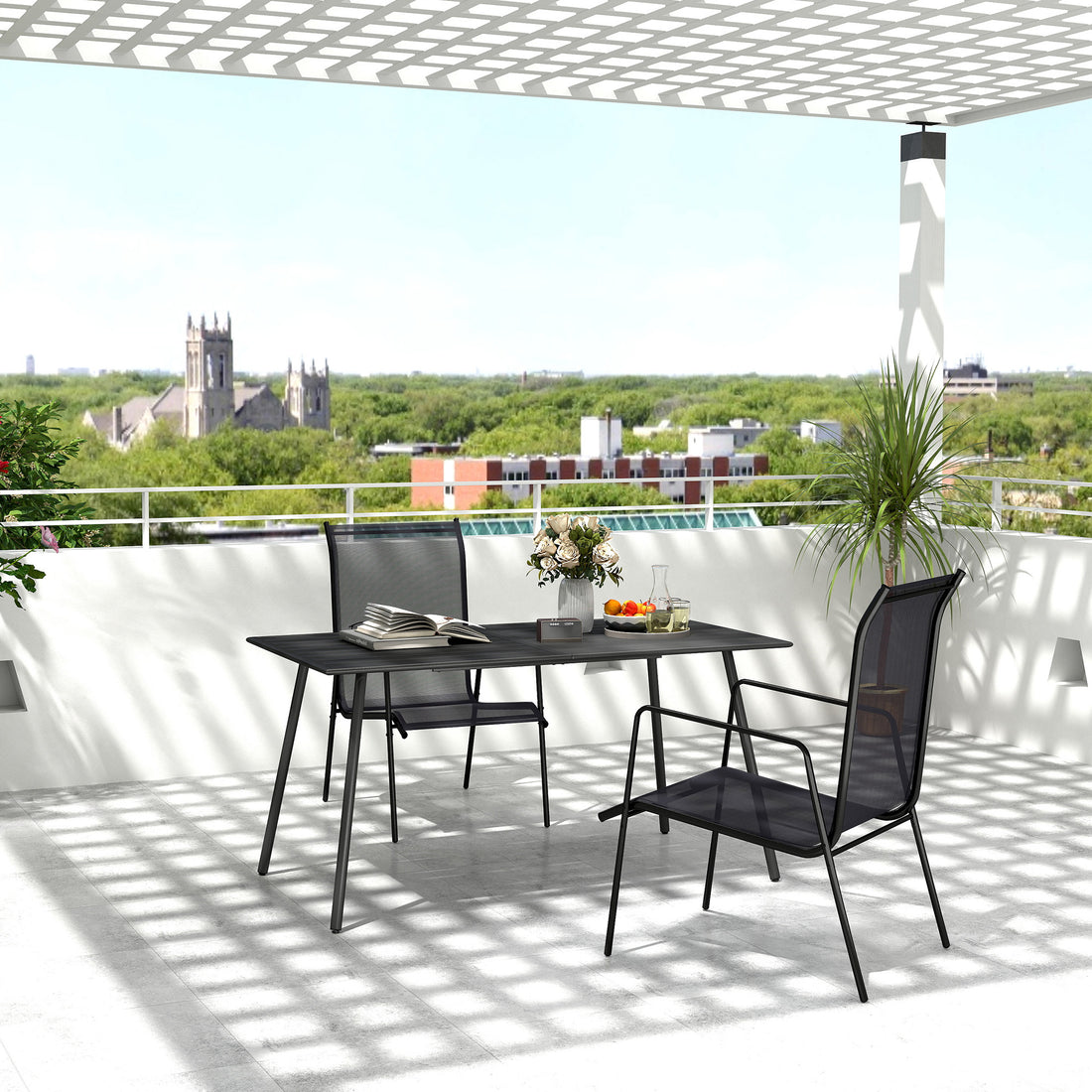 Rectangle Garden Table with Slat Top, Steel Frame, Outdoor Table for 6 Person, 150 x 80 x 74 cm, Black