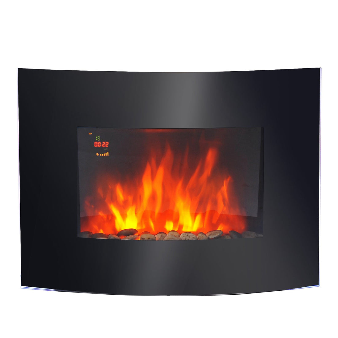 Led Wall Mounted Fireplace Curved Glass Electric Fire Place Fire Place 7 Colour Side Lights Slimline, 900/1800W, 65cm x 52cm