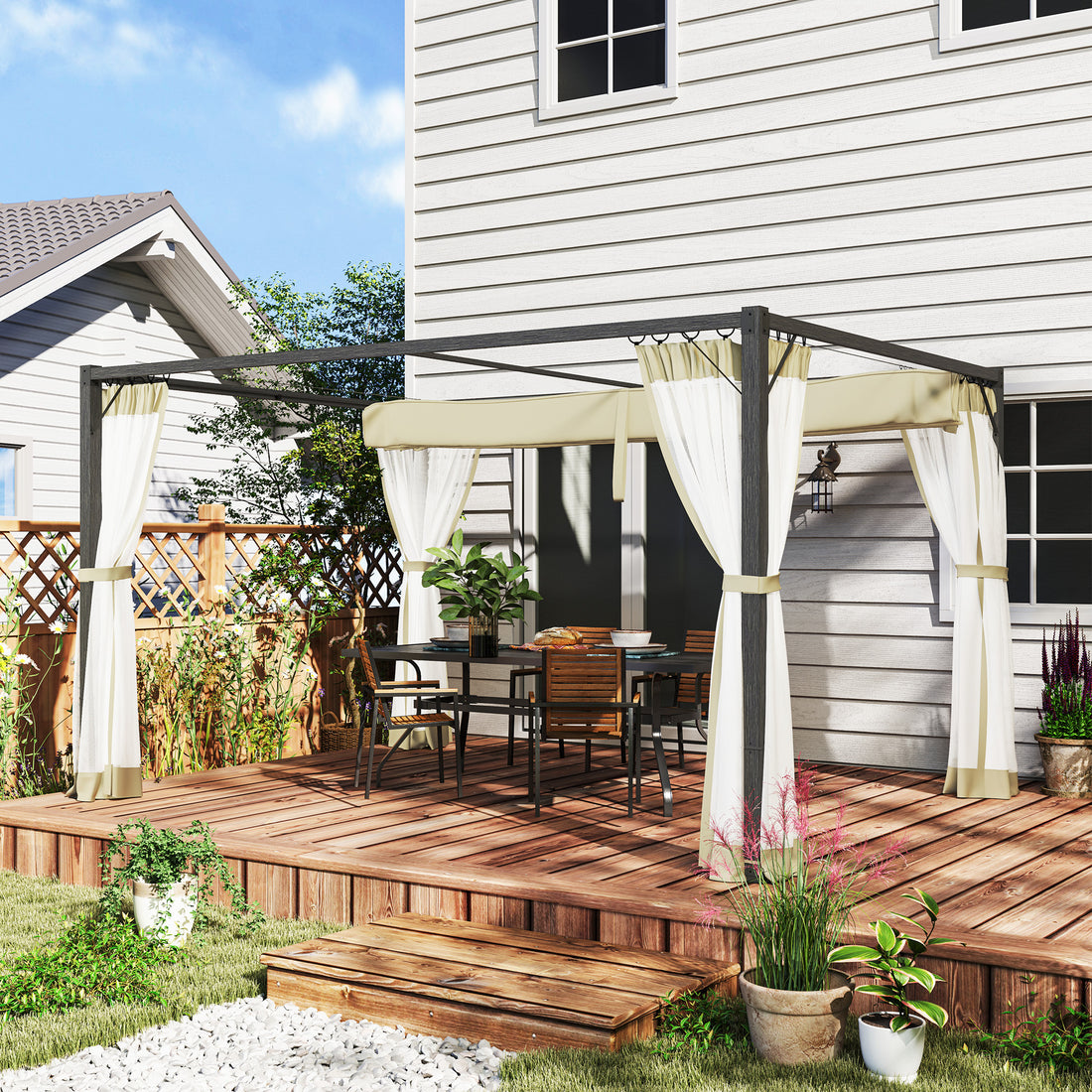 3 x 4m Aluminium Frame Pergola, with Retractable Roof - Khaki