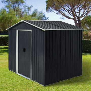 7.7 x 5.7ft Metal Garden Shed, Galvanised Outdoor Tool Storage House with Ventilation Slots and Sliding Doors, Grey
