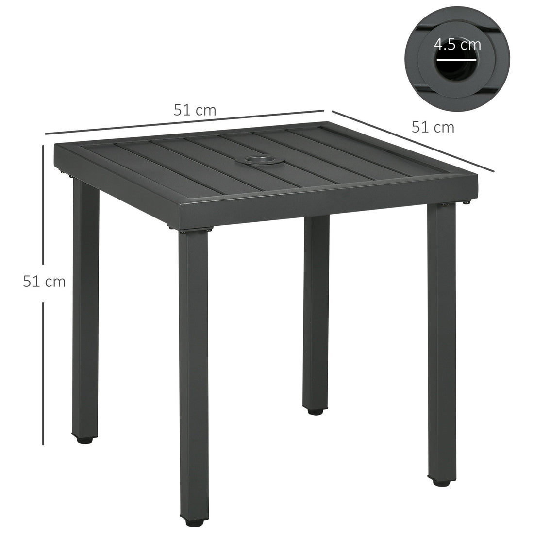 Garden Side Table, 51x51cm Square Patio Coffee Table with Umbrella Hole, End Table with Steel Frame for Balcony, Grey