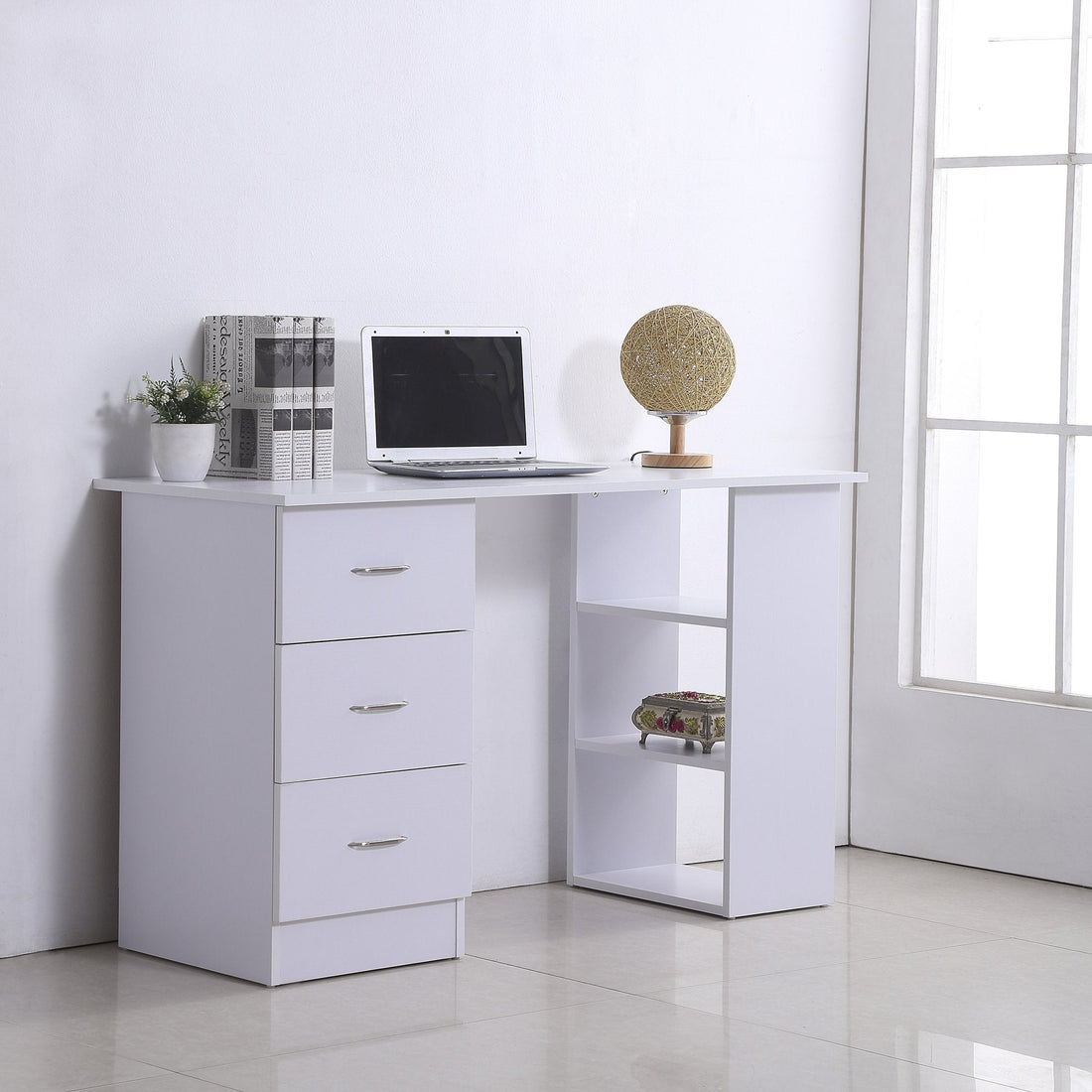 Computer Desk, Writing Table, PC Workstation with 3 Storage Shelves and Drawers, Silver Handle, for Home Office, White