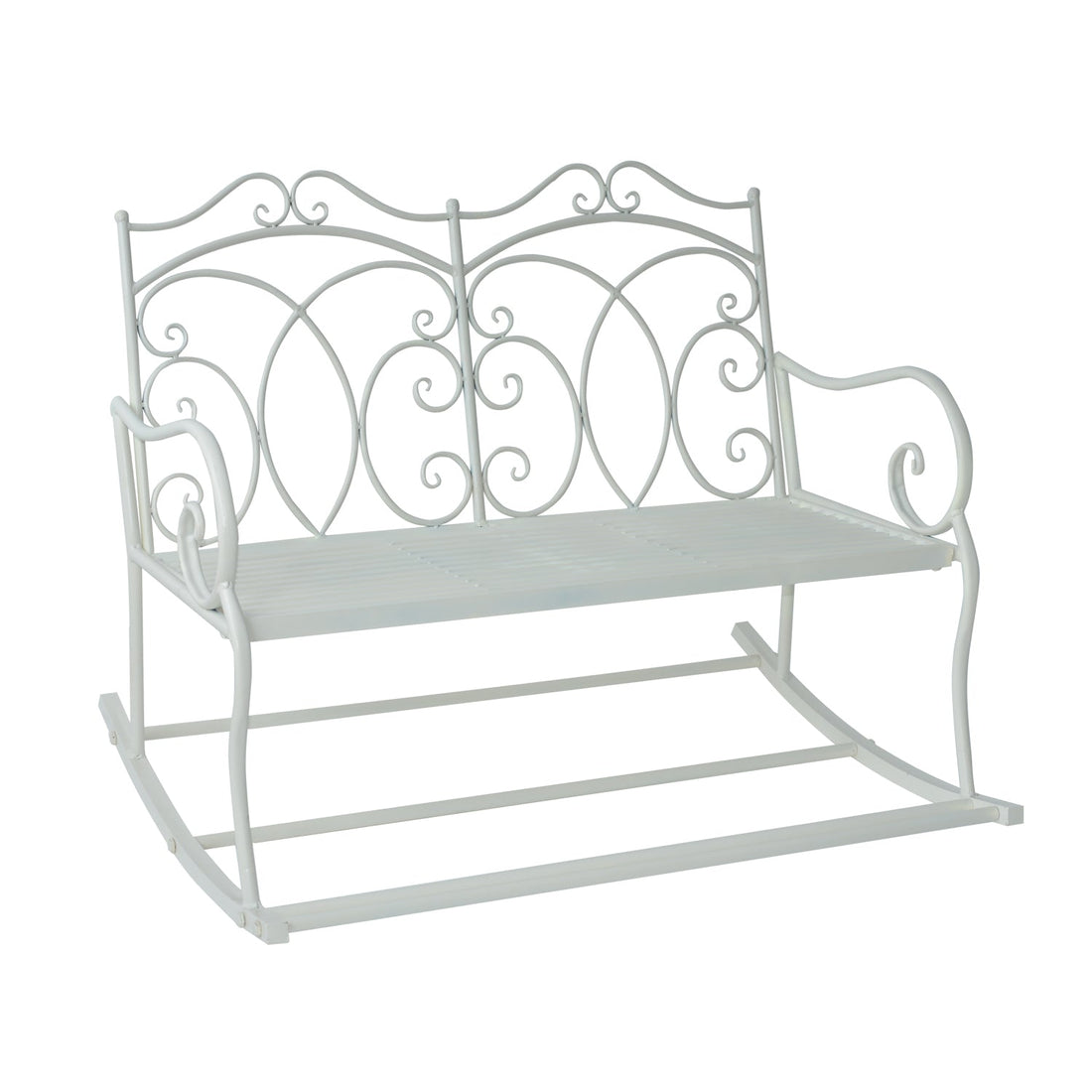 Patio 2 Seater Rocking Bench Steel Garden Outdoor Garden Loveseat Chair w/ Decorative Backrest White