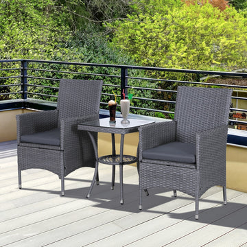 3 Pieces Rattan Bistro Set, Wicker Garden Furniture Set with 2-Tier Coffee Table and Chairs, Washable Cushions, for Outdoor Patio Balcony, Grey
