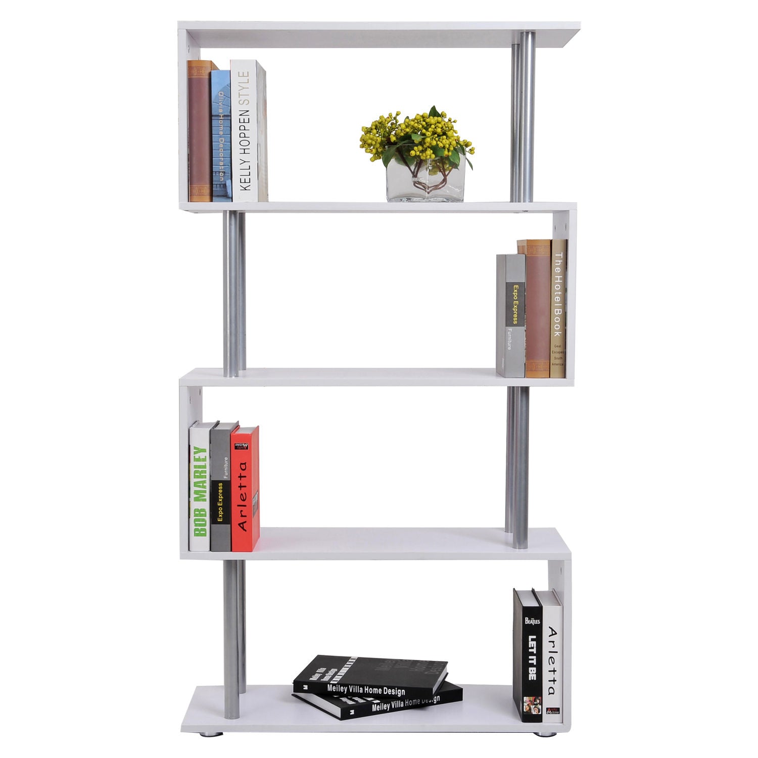 S Shape Bookcase, 5 Tiers Bookshelf, Modern Freestanding Storage Shelf for Home Office, Study, Living Room, 80 x 30 x 145cm, White