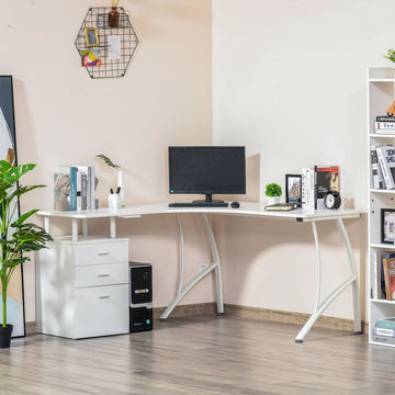 L-Shaped Computer Desk Table with Storage Drawer, Home Office Desk Corner Industrial Style Workstation for A4 Files 143.5 x 143.5 x 76cm, White