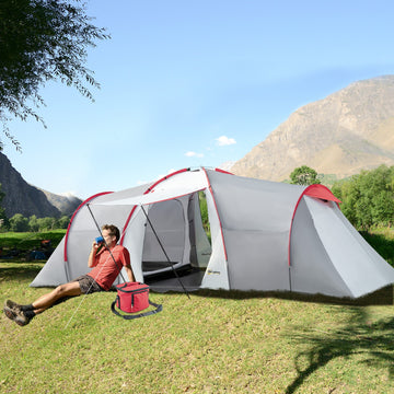 Four-Man Tunnel Tent, with Two Bedrooms and Living Room - Grey/Red