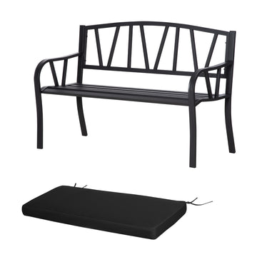 2-Seater Garden Bench with Cushion, Metal Loveseat, Slatted Outdoor Park Chair with Decorative Backrest and Armrest, Black