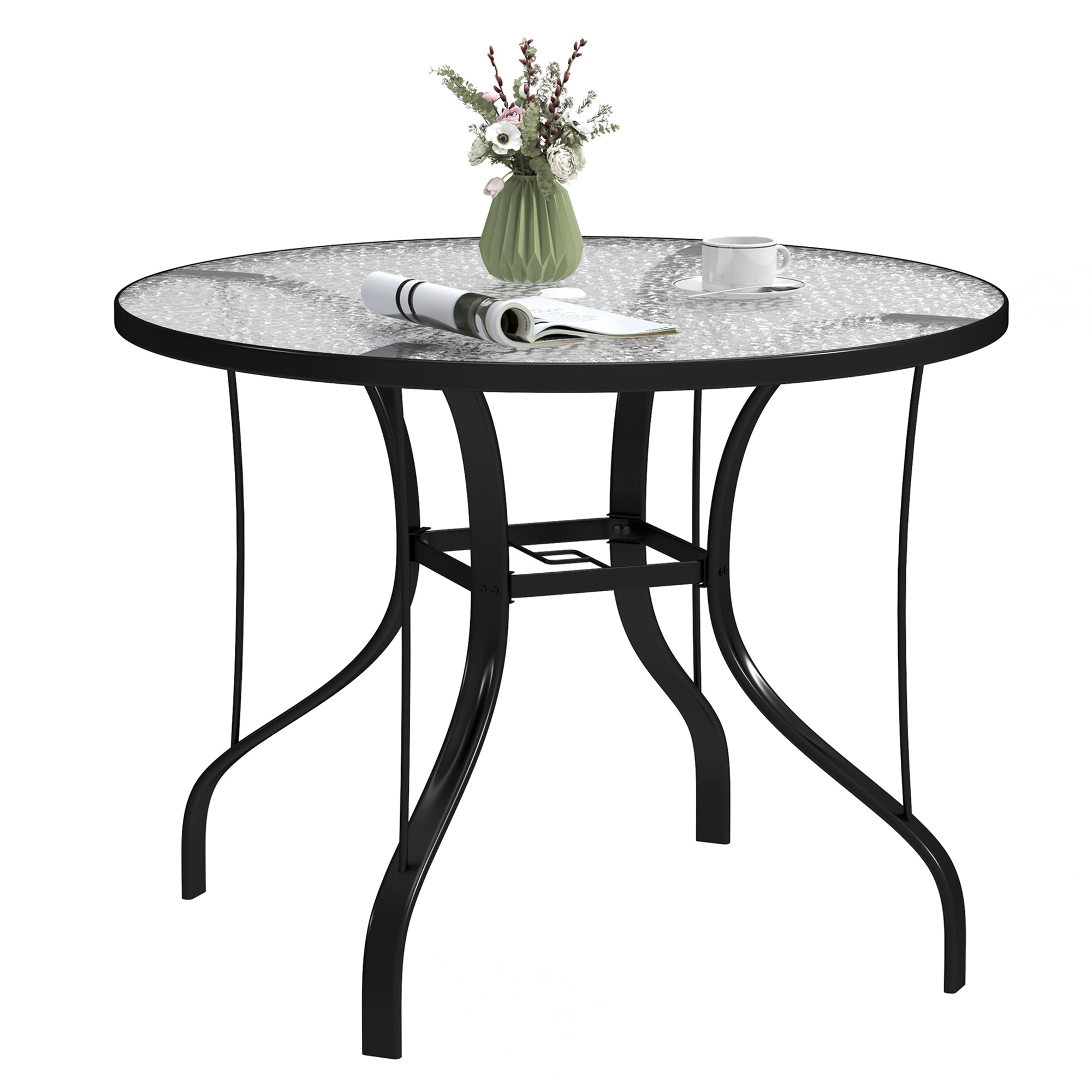 Tempered Glass Top Round Outdoor Dining Table with Parasol Hole, 96.5 x 96.5 x 71 cm