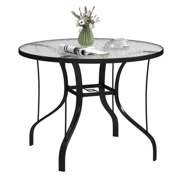 Tempered Glass Top Round Outdoor Dining Table with Parasol Hole, 96.5 x 96.5 x 71 cm