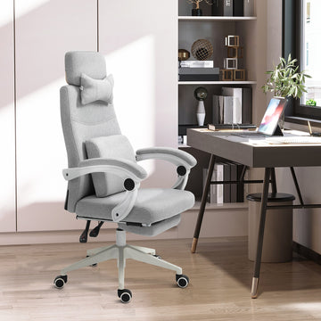 Office Chair, Ergonomic Desk Chair, High Back Fabric Work Chair with 160° Reclining Backrest, Retractable Footrest, Neck and Lumbar Pillow for Home and Study, Grey