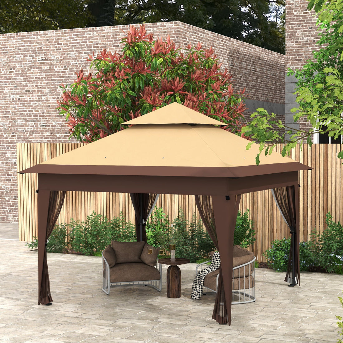 3 x 3(m) Pop Up Gazebo with Mosquito Netting, 1 Person Easy up Marquee Party Tent with 1-Button Push, Double Roof, Carry Bag, Sandbags, Height Adjustable Instant Shelter, Khaki