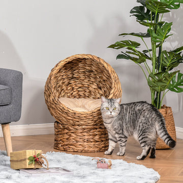 Wicker Cat Bed, Raised Rattan Cat Basket with Cylindrical Base, Soft Washable Cushion, 42 x 33 x 52cm - Brown