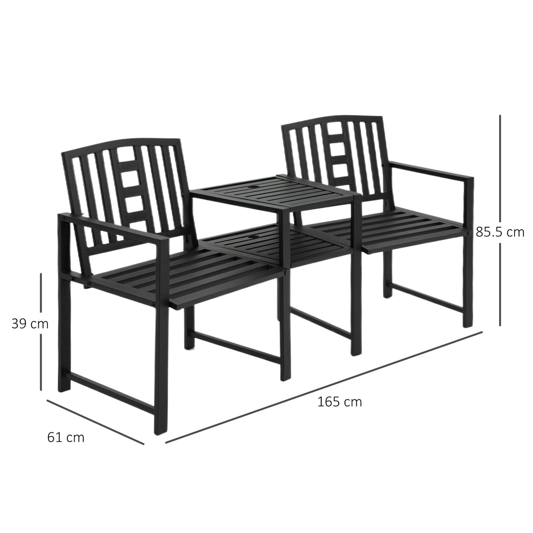 2 Seat Garden Chair Bench Loveseats Jack and Jill Seat w/Coffee Table Slatted Design Patio Yard