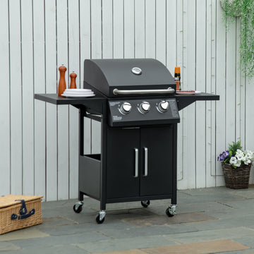 3 Burner Gas BBQ Grill Outdoor Portable Barbecue Trolley w/ Warming Rack, Side Shelves, Storage Cabinet, Thermometer, Carbon Steel, Black