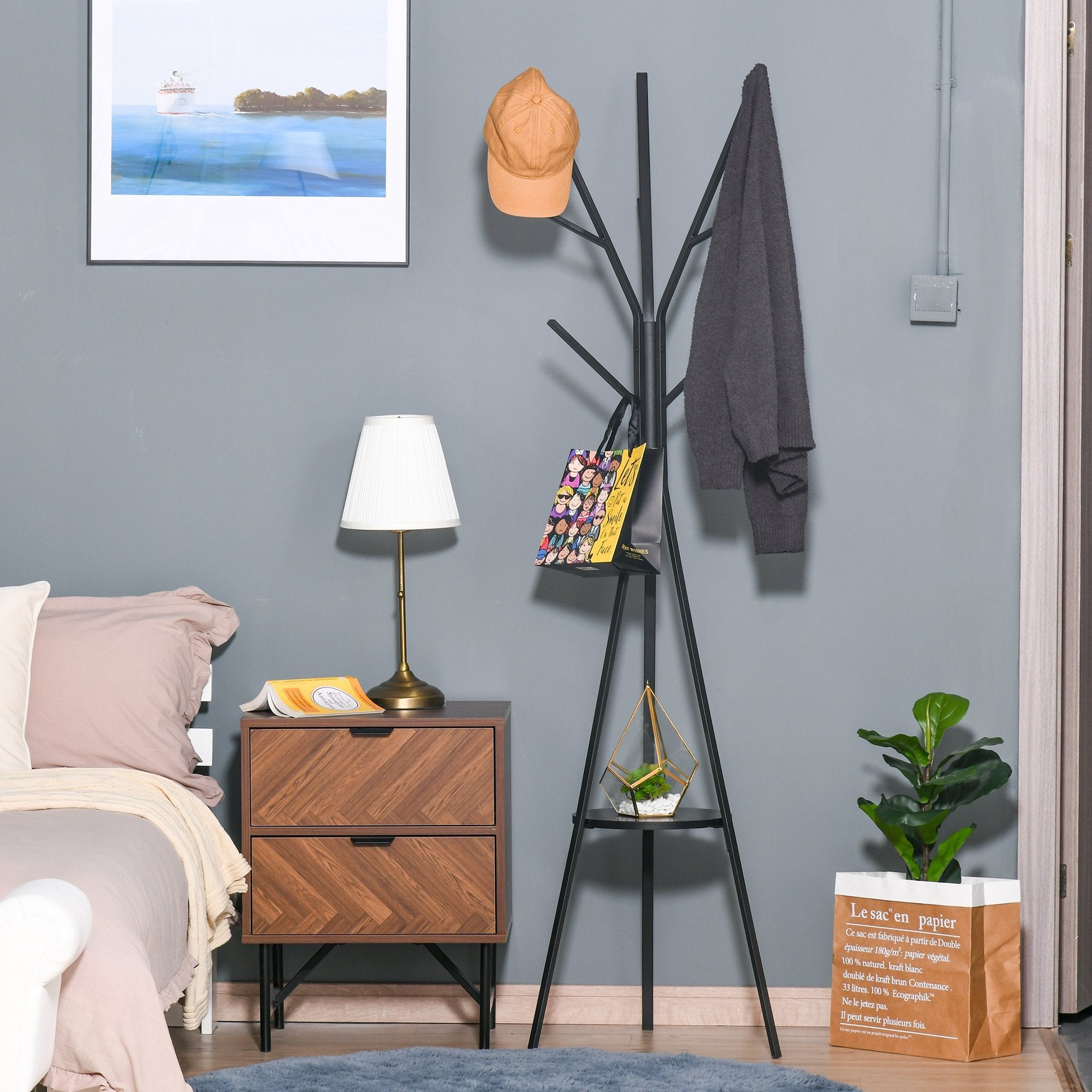 Freestanding Metal Coat Rack Stand 9 Hooks Clothes Tree with 1 Shelf Hat Display Hall Tree Hanger Bag Umbrella Hanging Organiser Black