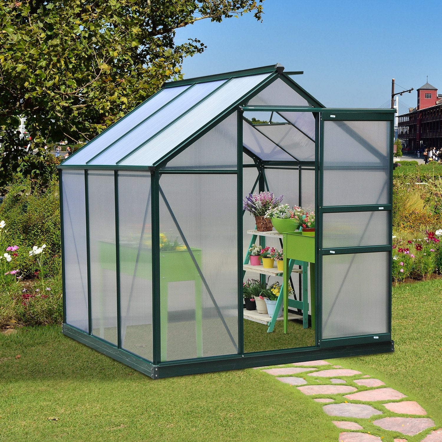 6 x 6ft Polycarbonate Greenhouse, Large Walk-In Green House with Slide Door and Window, Garden Plants Grow House with Aluminium Frame and Foundation, Dark Green