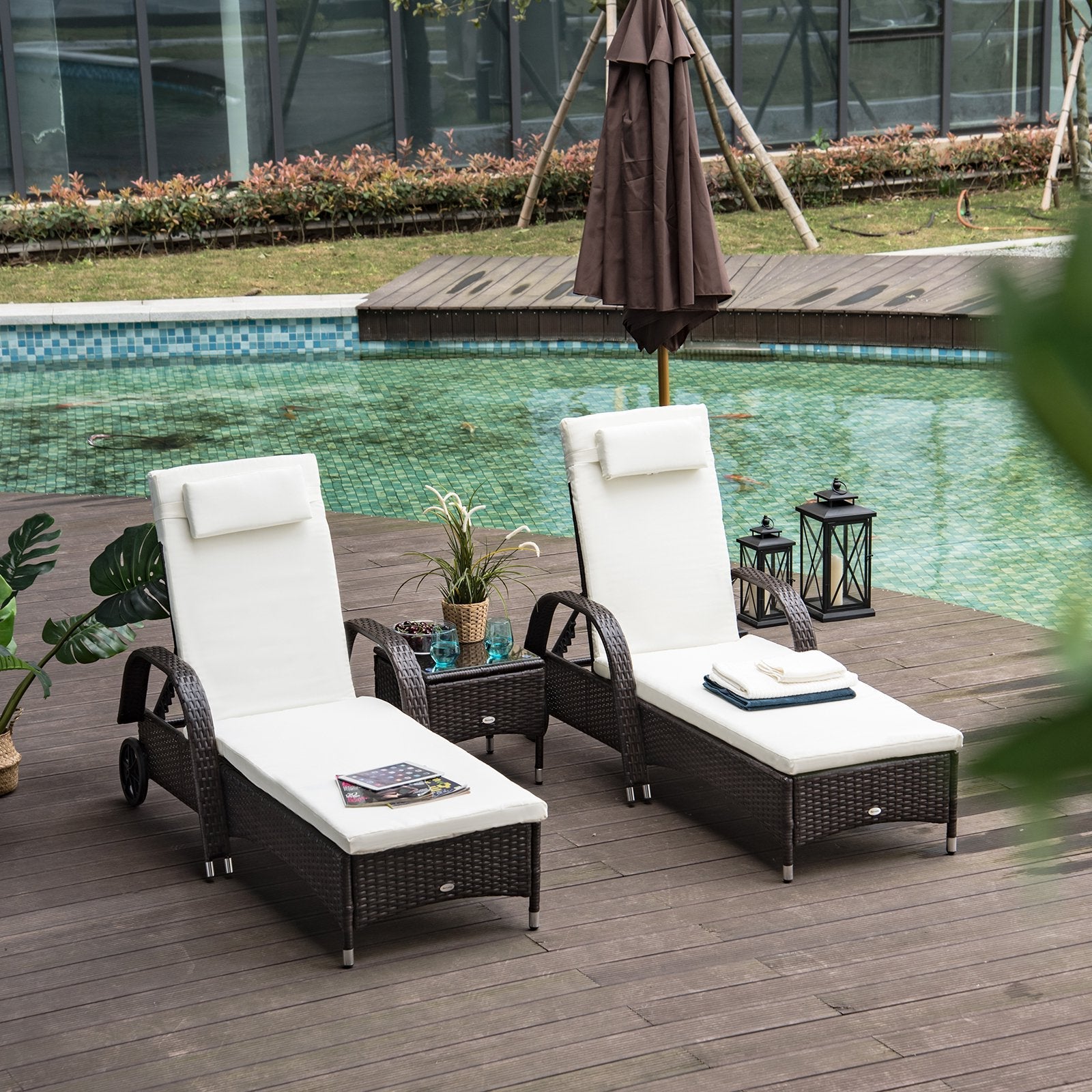3 Pieces PE Rattan Patio Lounge Chair Set, Outdoor Recliner Lounge Chairs with Wheels, for Outside with Cushions, Headrest, Coffee Table for Garden, Poolside, Brown