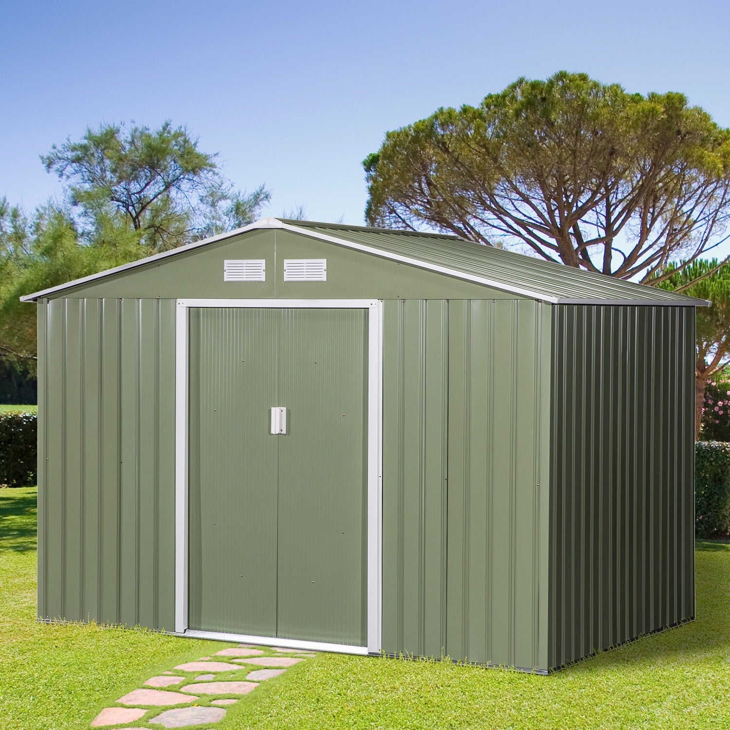 9 x 6ft Metal Garden Shed, Outdoor Storage Tool House with Ventilation Slots, Foundation Kit and Lockable Double Doors, Light Green