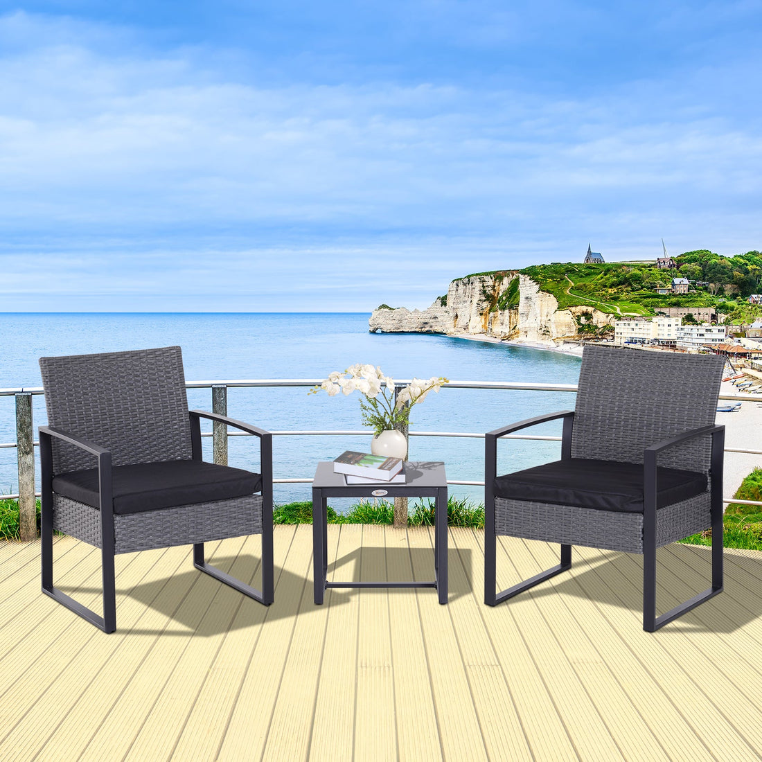 2 Seater Rattan Patio Set W/ Cushions-Grey/Black