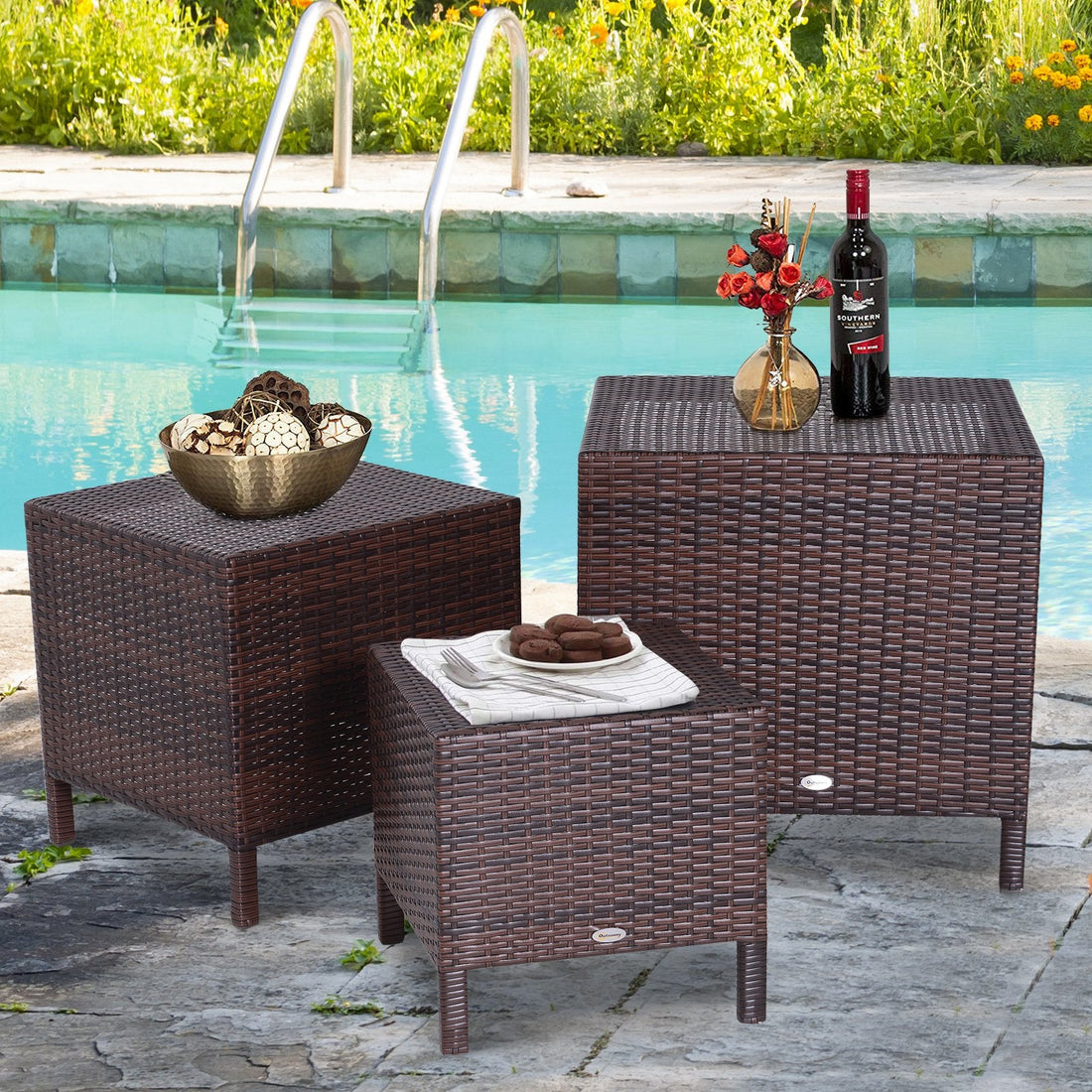 3 Pcs Rattan Nesting Tables Set-Brown