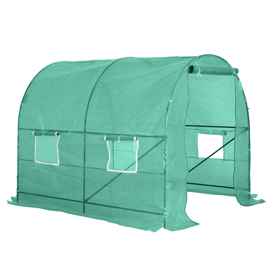 2.45 x 2m Polytunnel Greenhouse, Walk-in Greenhouse with Large Roll-Up Door & Windows, Plastic Cover, Steel Frame, Easy Access & Ventilation, Green