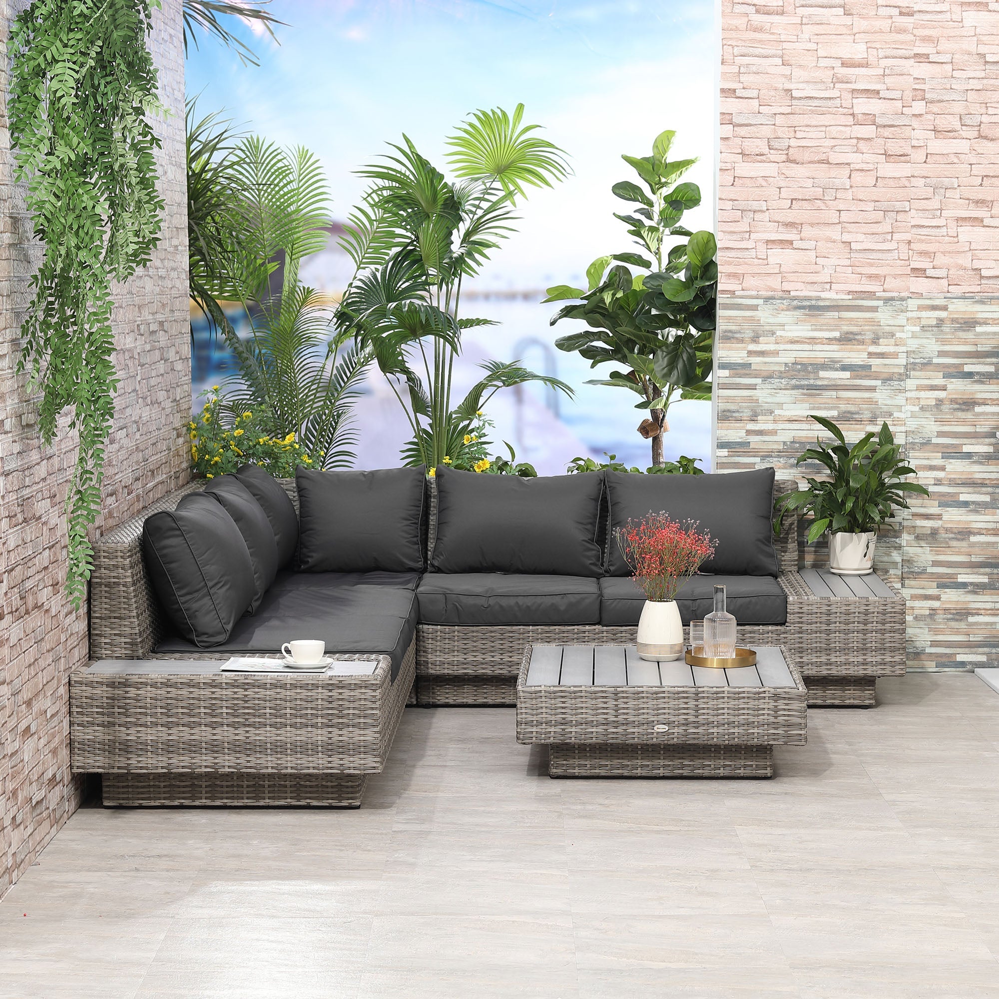 4 PCs Rattan Garden Furniture Outdoor Sectional Corner Sofa and Coffee Table Set Conservatory Wicker Weave Furniture with Armrest and Cushions - Light Grey